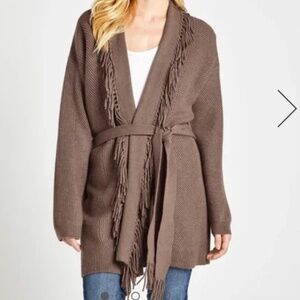 Splendid Cora Belted Fringe Cardigan Toffee Brown Heather Medium